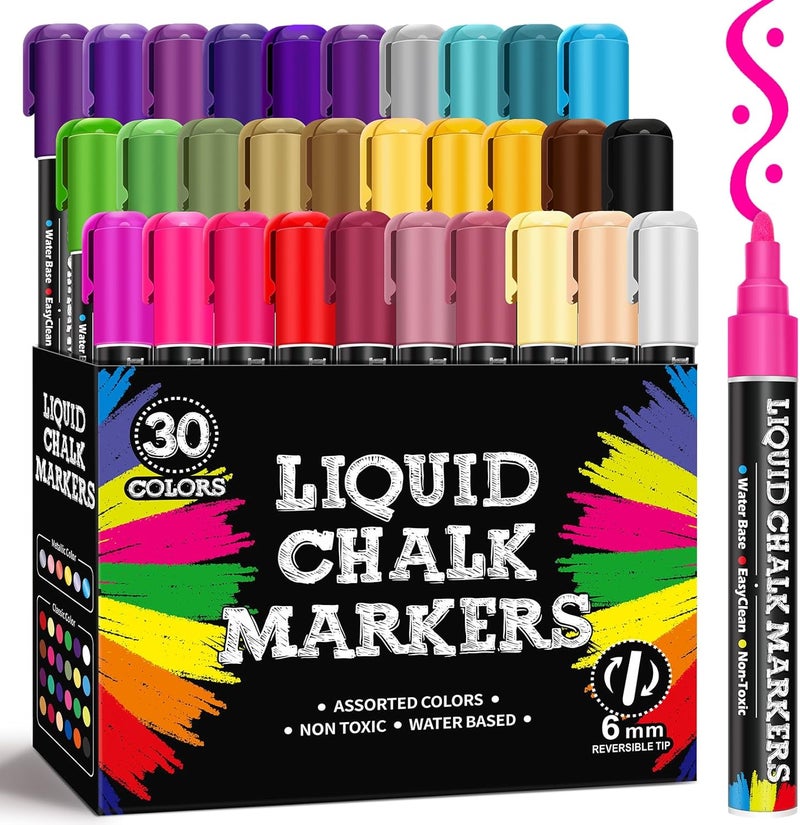 BainGesk 30 Colors Liquid Chalk Markers, Dust-Free Erasable Pens for Blackboards, Chalk Markers for Chalkboard, Windows, Glass, Mirror, Acrylic Dry Erase Board, 6mm Reversible Bullet & Chisel Tip - Image 1